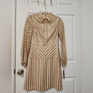 Aidan Mattox Gold and Cream Long Sleeve Dress